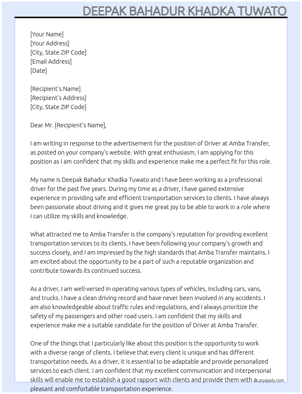 Driver At Amba transfer  Cover Letter