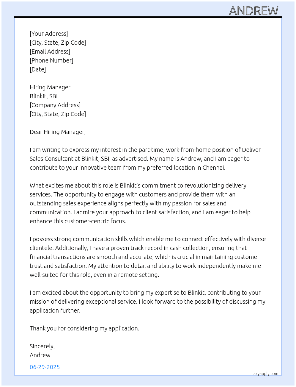 Deliver , sales consultant  At Blinkit, sbi Cover Letter