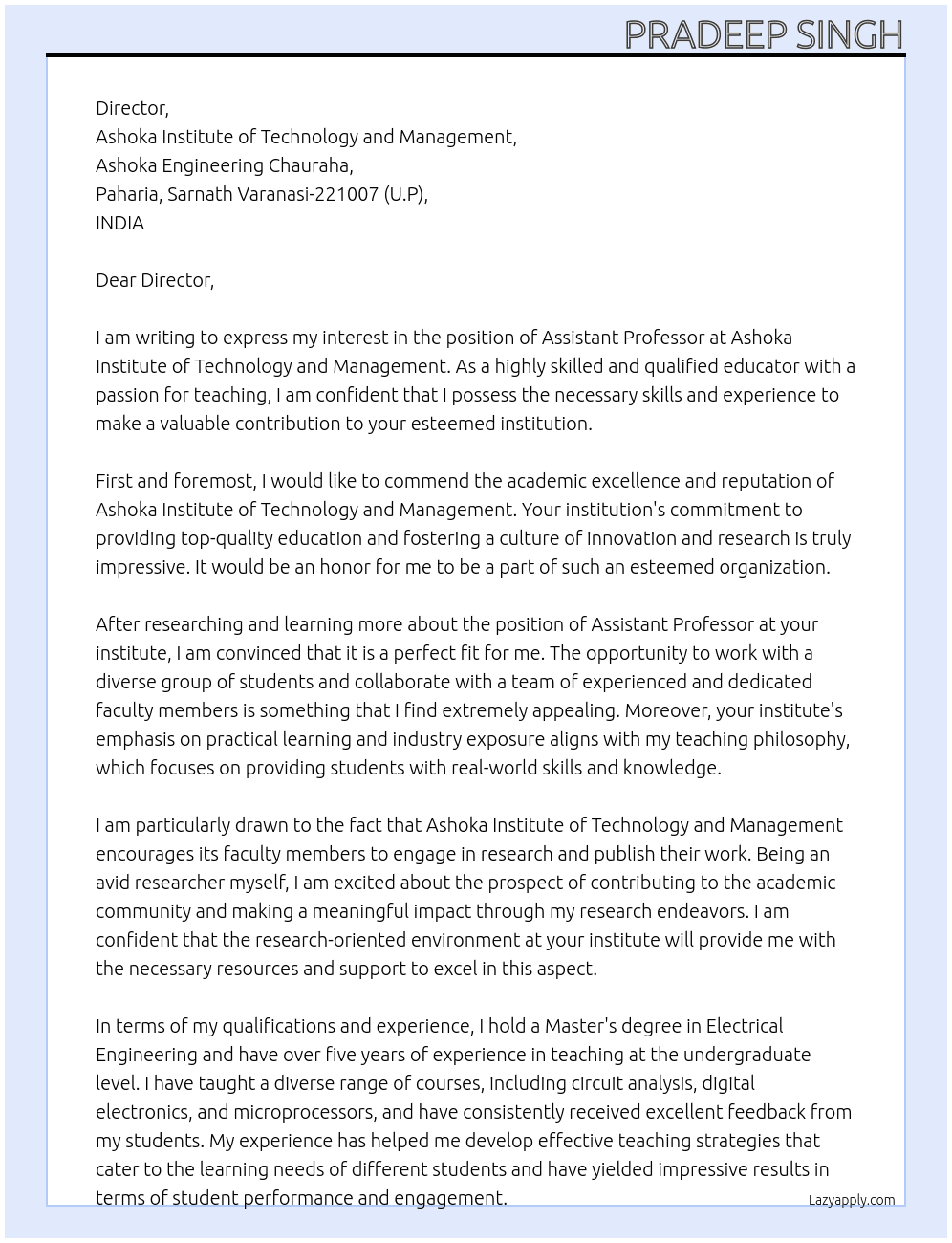 Assistant Professor At Ashoka Institute of Technology and Management Cover Letter