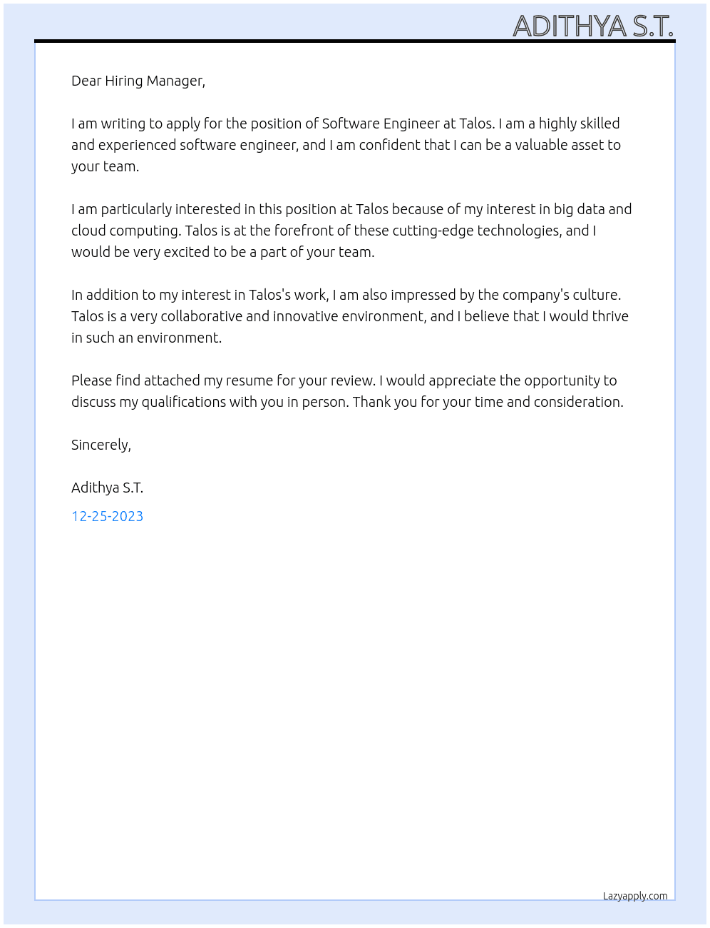 Software Engineer At Talos Cover Letter