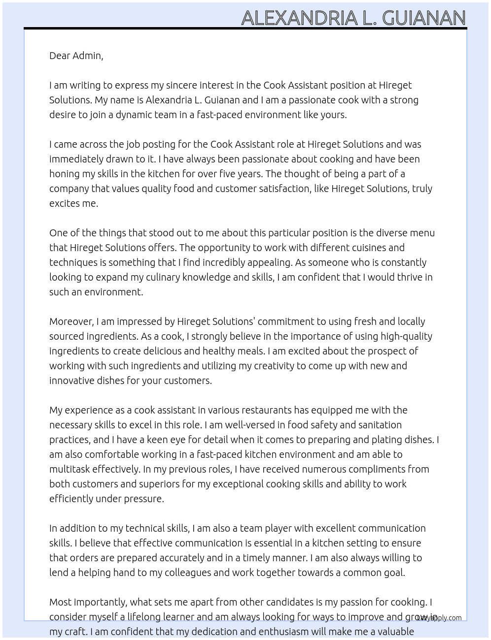 Cook Assistant At Hireget Solutions Cover Letter