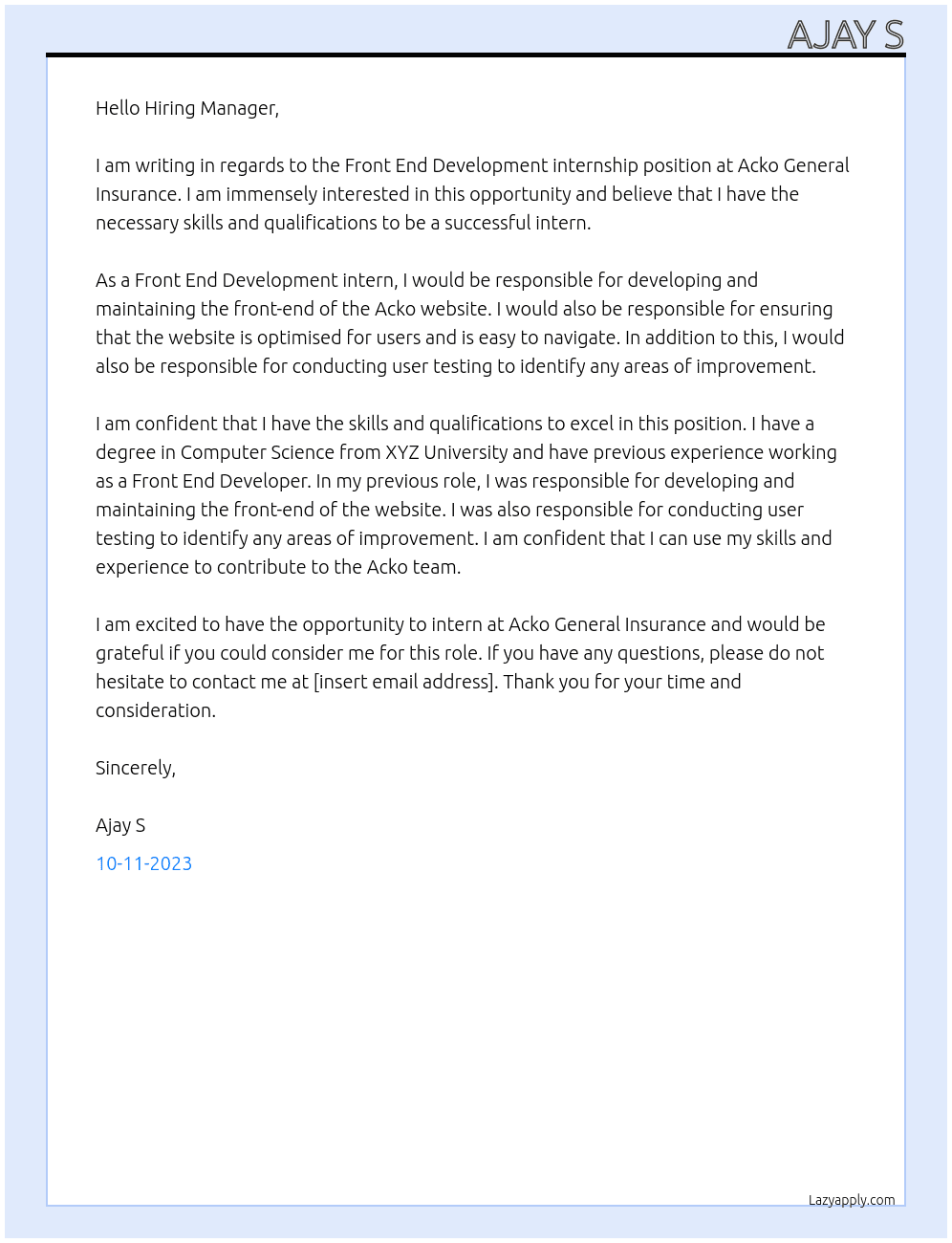Front End Development internship  At  Acko General Insurance Cover Letter