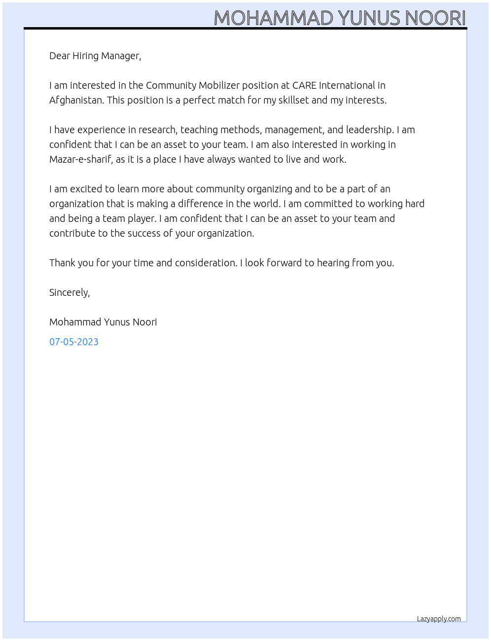 Community Mobilizer At CARE International in Afghanistan Cover Letter