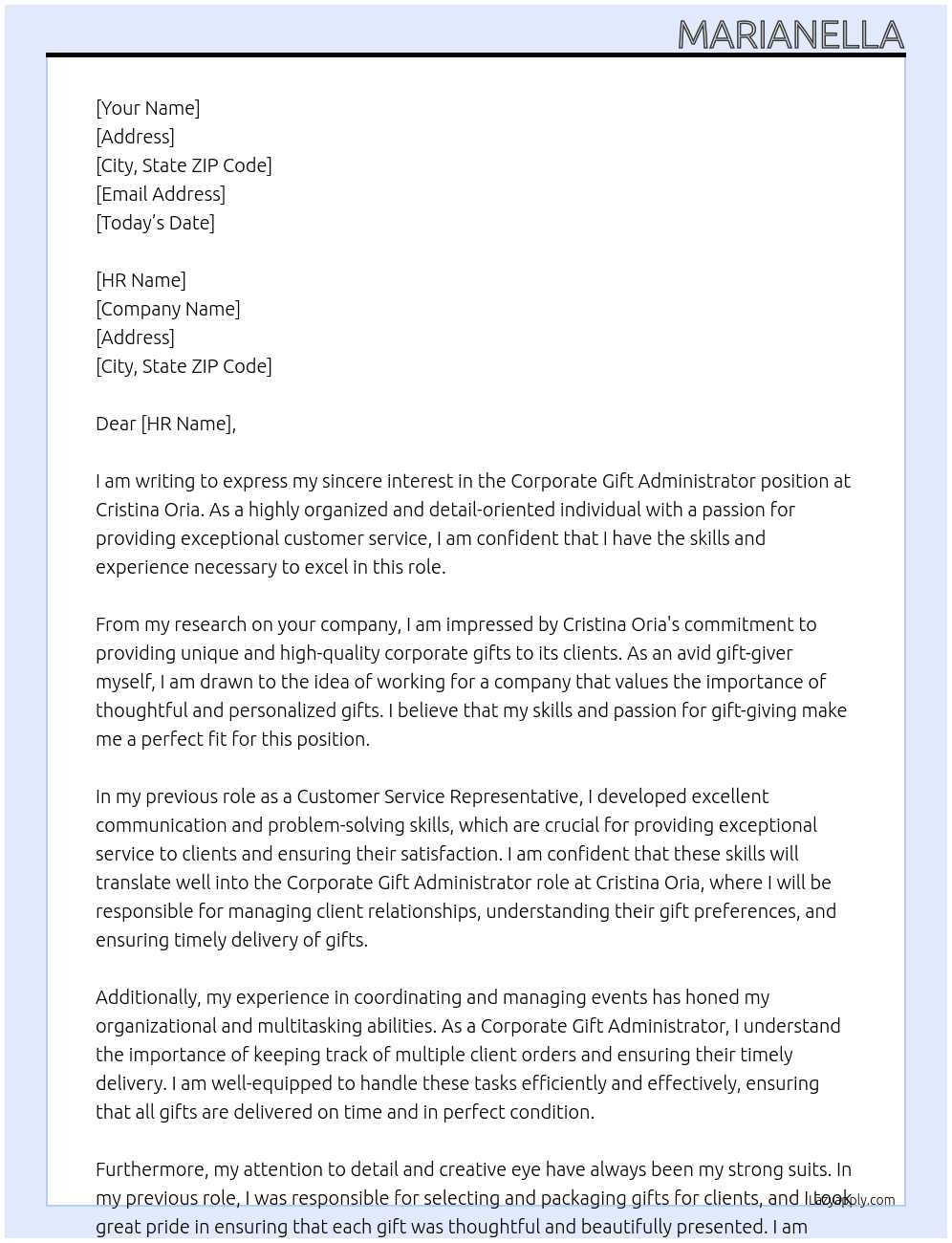 Corporate Gift Administrator At Cristina Oria Cover Letter