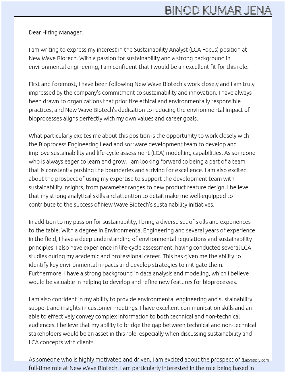 Sustainability Analyst (LCA Focus)Sustainability Analyst (LCA Focus)  At New Wave Biotech Cover Letter