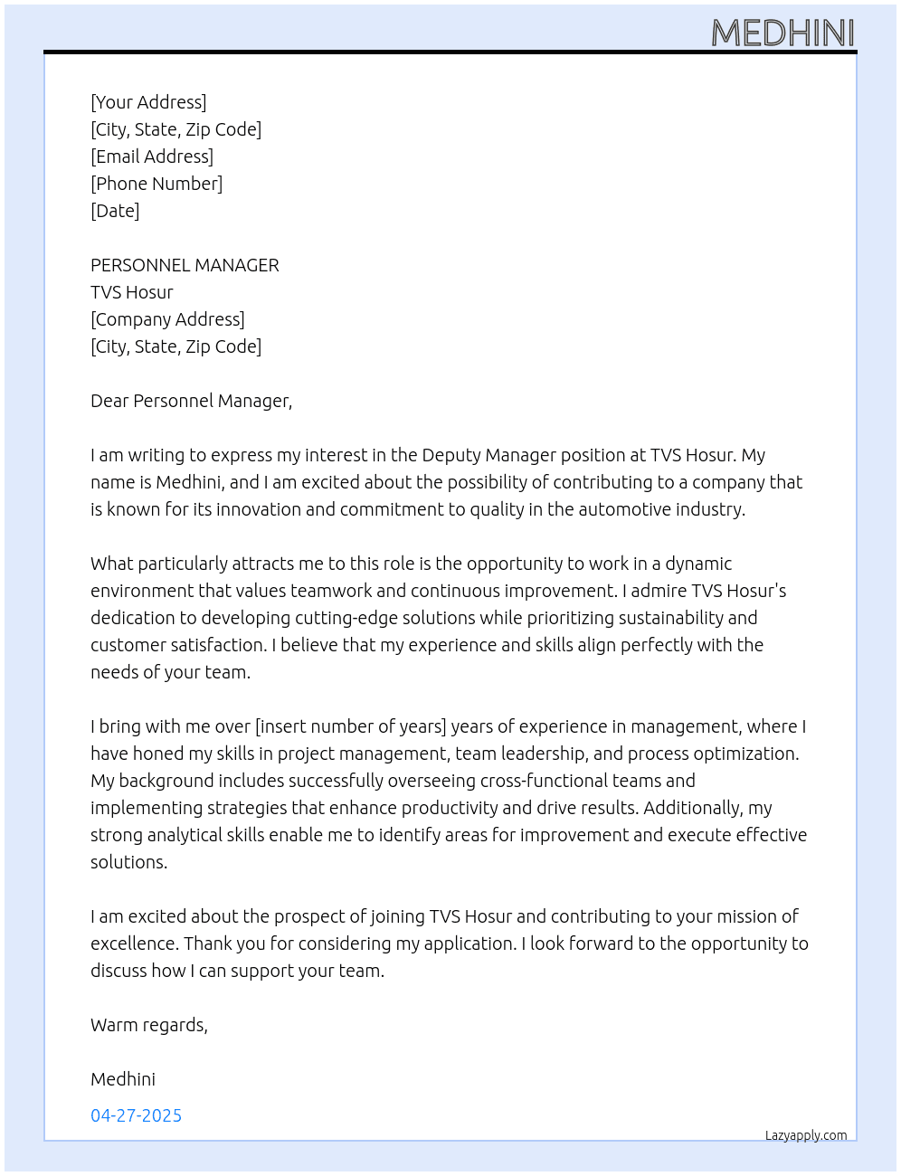 deputy manager At TVS Hosur Cover Letter