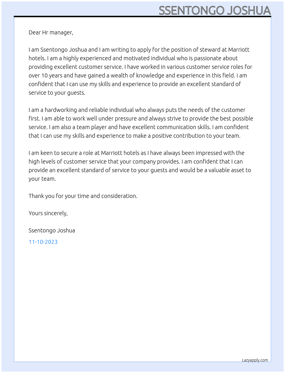 Steward  At Marriott hotels  Cover Letter