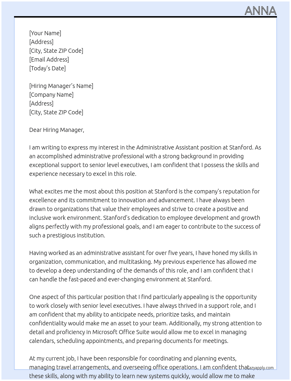 Administrative Assistant At Stanford Cover Letter