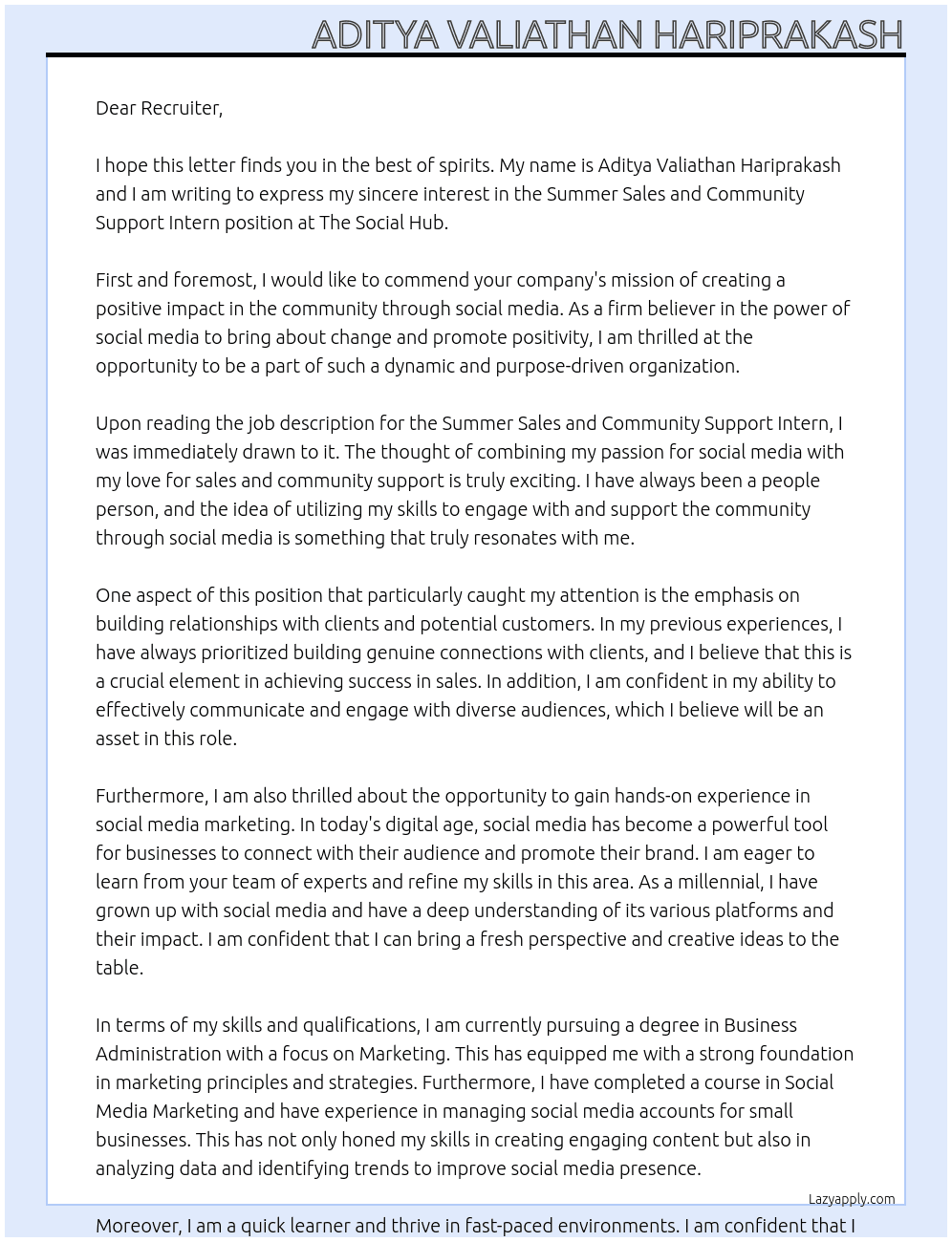 Summer Sales and Community Support Intern At The Social Hub Cover Letter