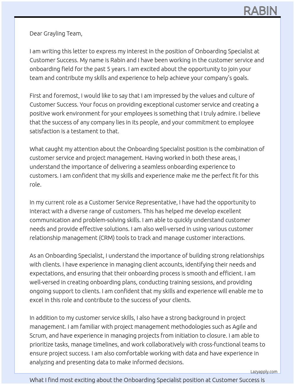 Onboarding Specialist At Customer Success Cover Letter