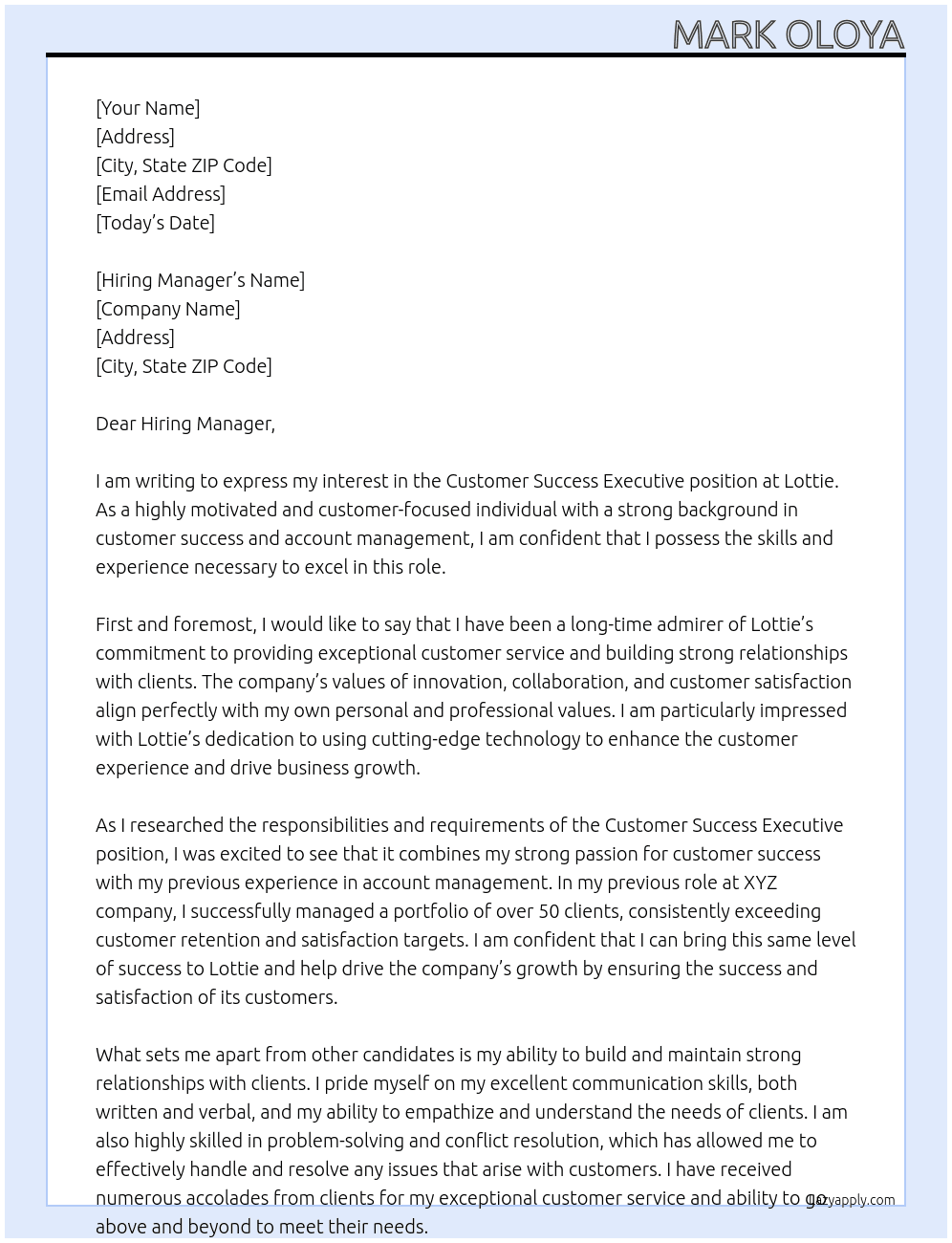 Customer Success Executive At Lottie Cover Letter