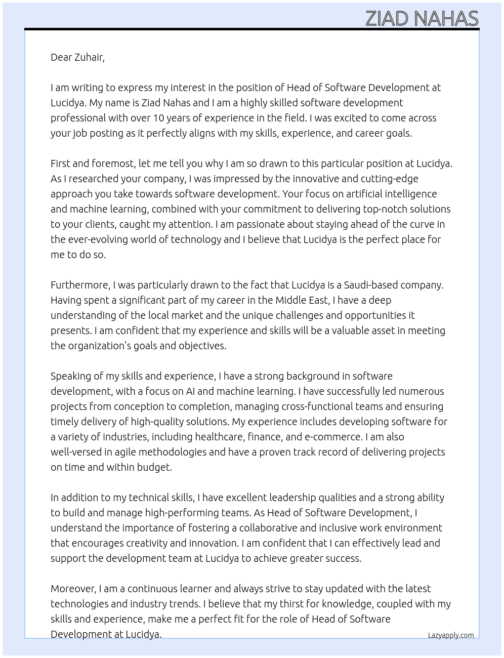 Head of Software Development  At Lucidya Cover Letter