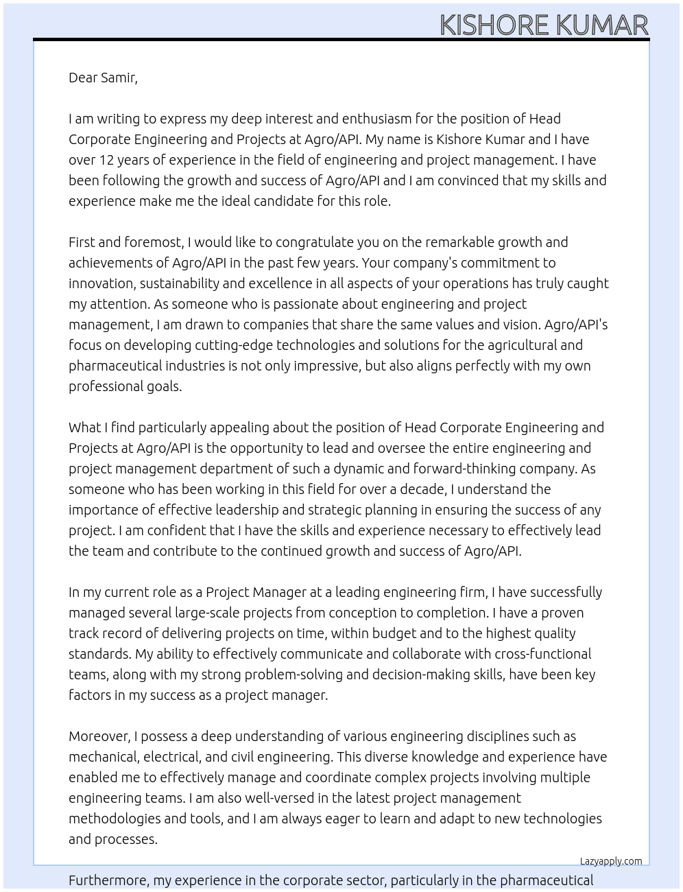 Cover letter for head corporate engineering and projects - LazyApply