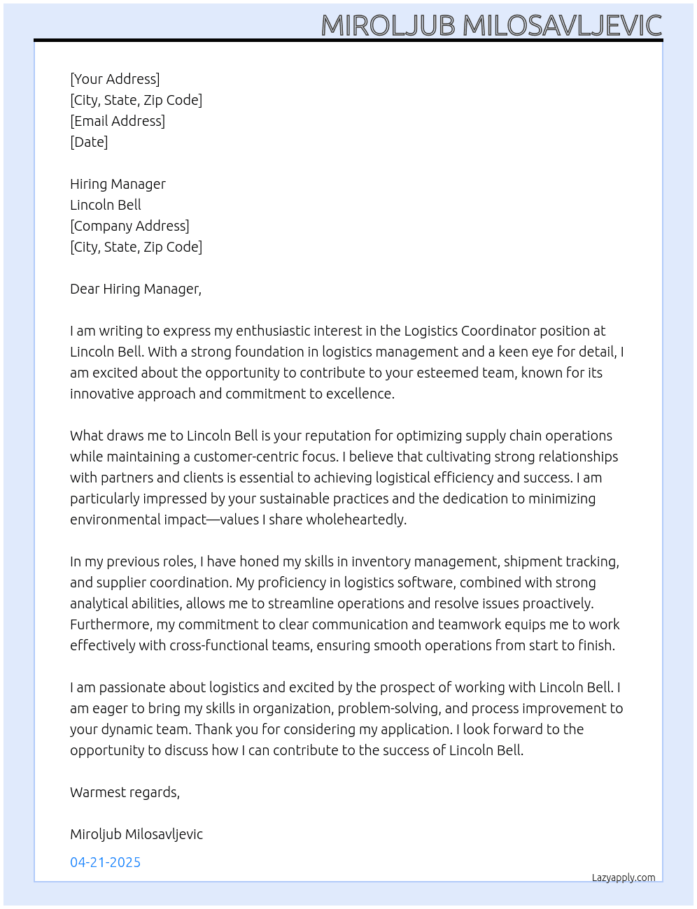 Logistics Coordinator At Lincoln Bell Cover Letter