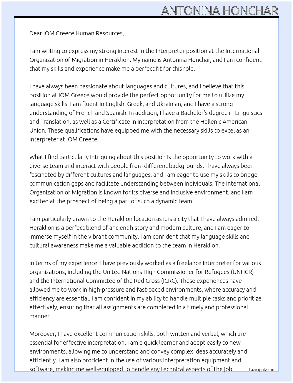 Interpreter At International Organization of migration Cover Letter