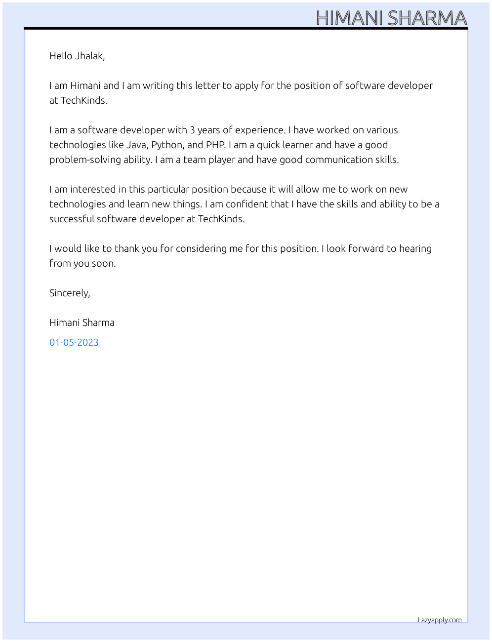 software developer At TechKinds Cover Letter
