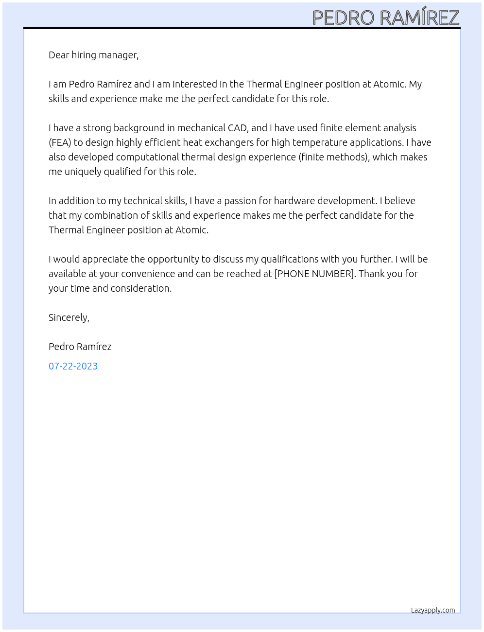 Thermal Engineer At Atomic Cover Letter