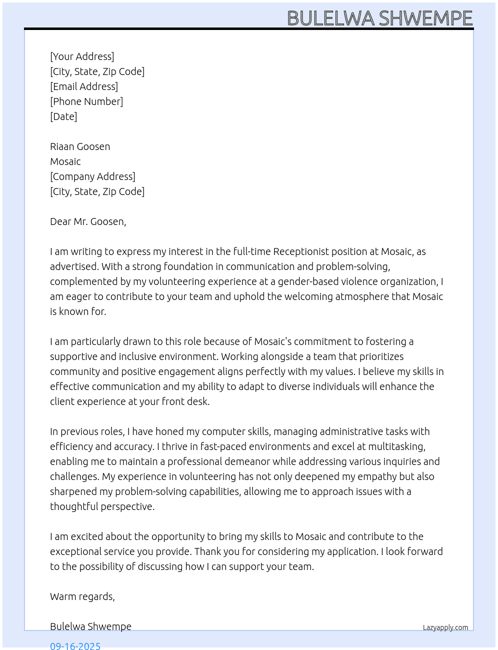 Receptionist At Mosaic Cover Letter