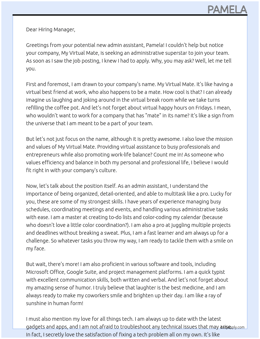 admin assistant At my virtual mate Cover Letter