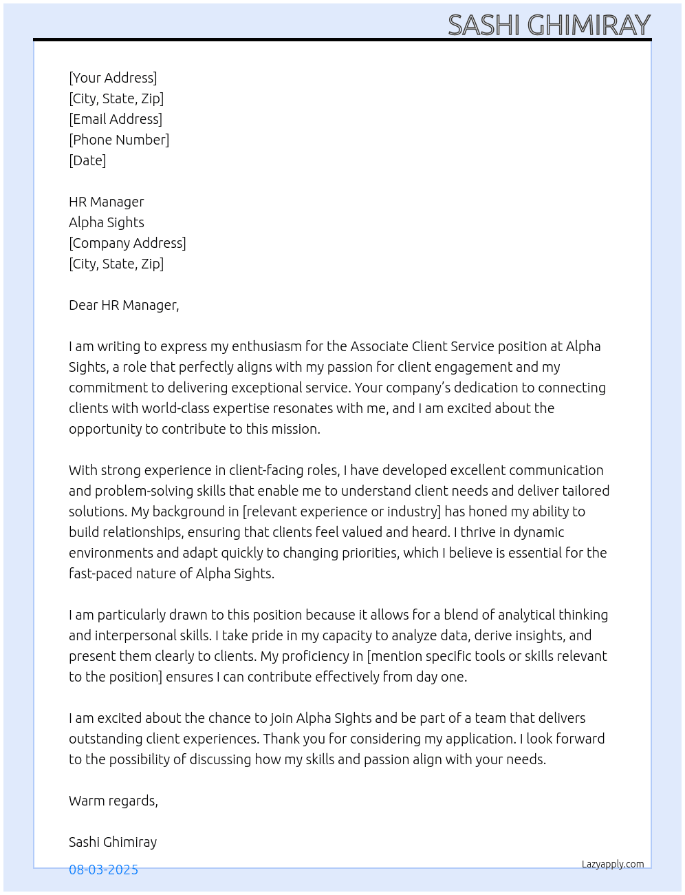 Associate Client Service  At Alpha Sights  Cover Letter