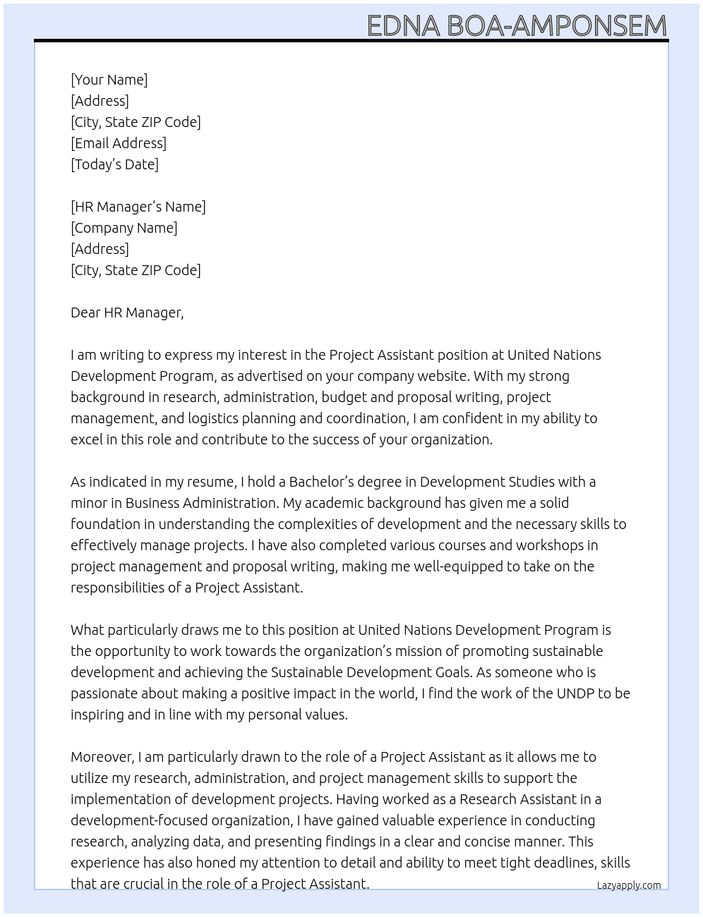Project Assistant At united nations development program Cover Letter