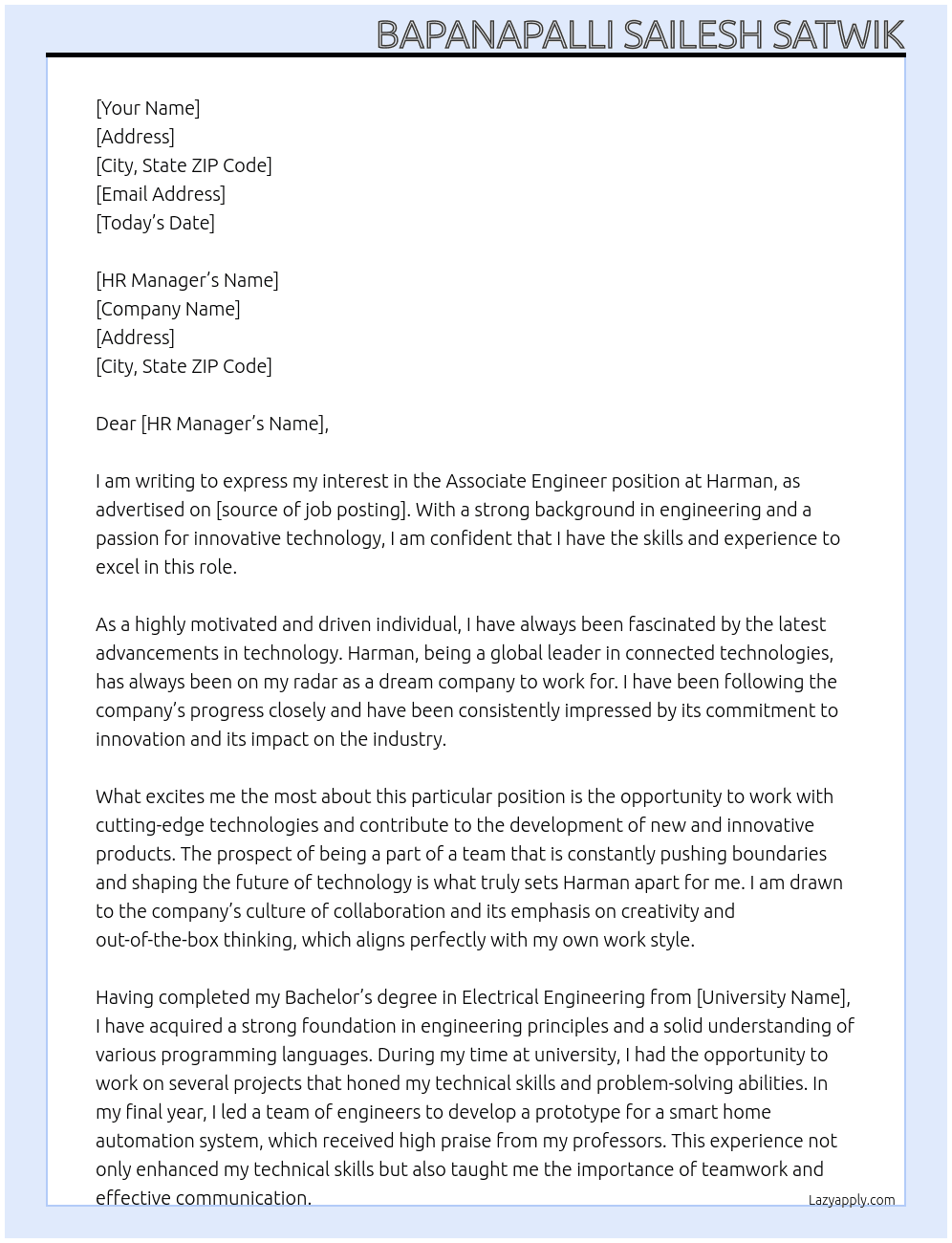 Associate Engineer At Harman Cover Letter