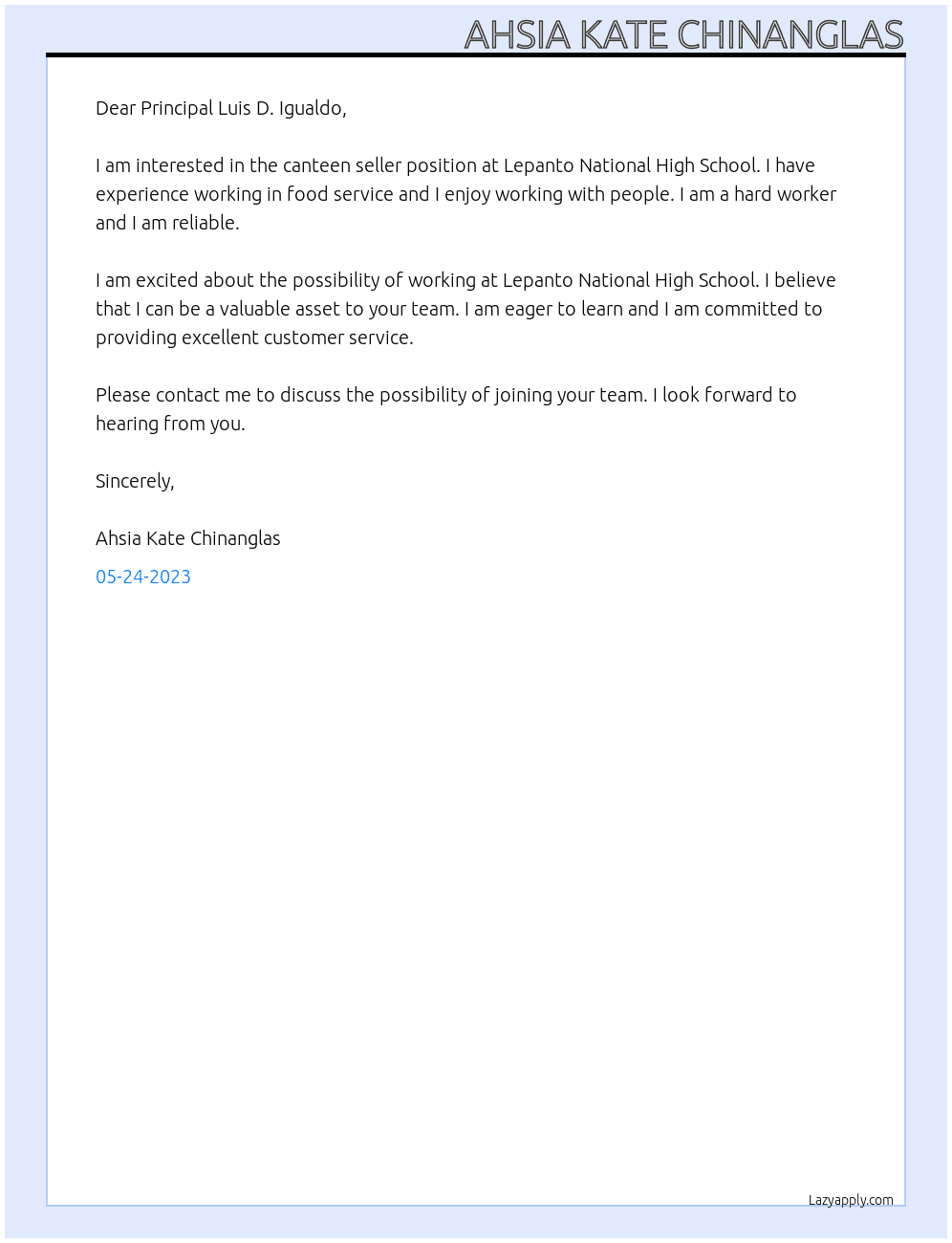 canteen seller At Lepanto National High School Cover Letter