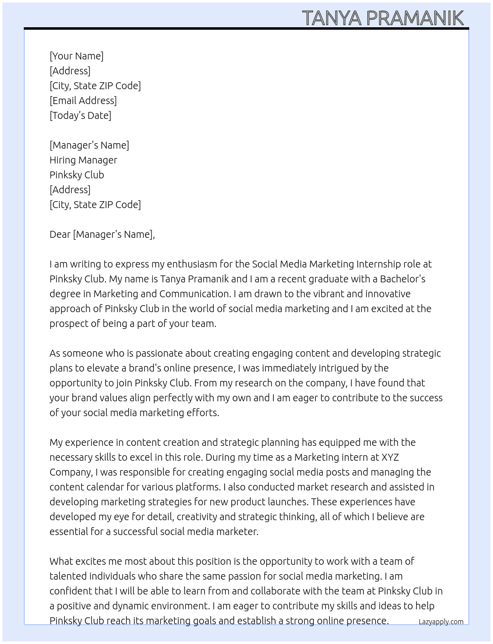 Social media marketing  At Pinksky Club Cover Letter