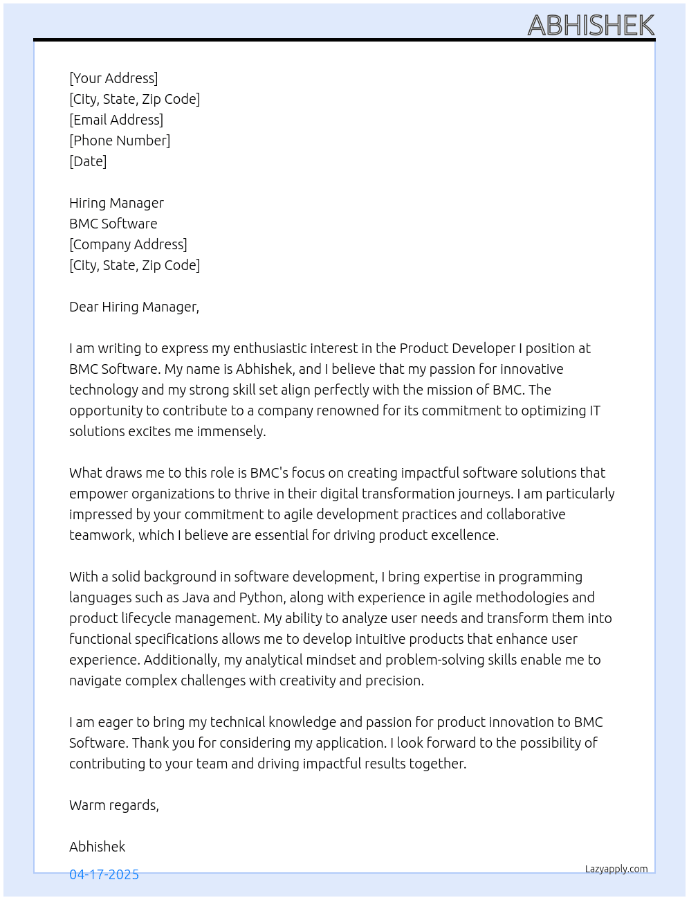 Product Developer I  At BMC Software Cover Letter