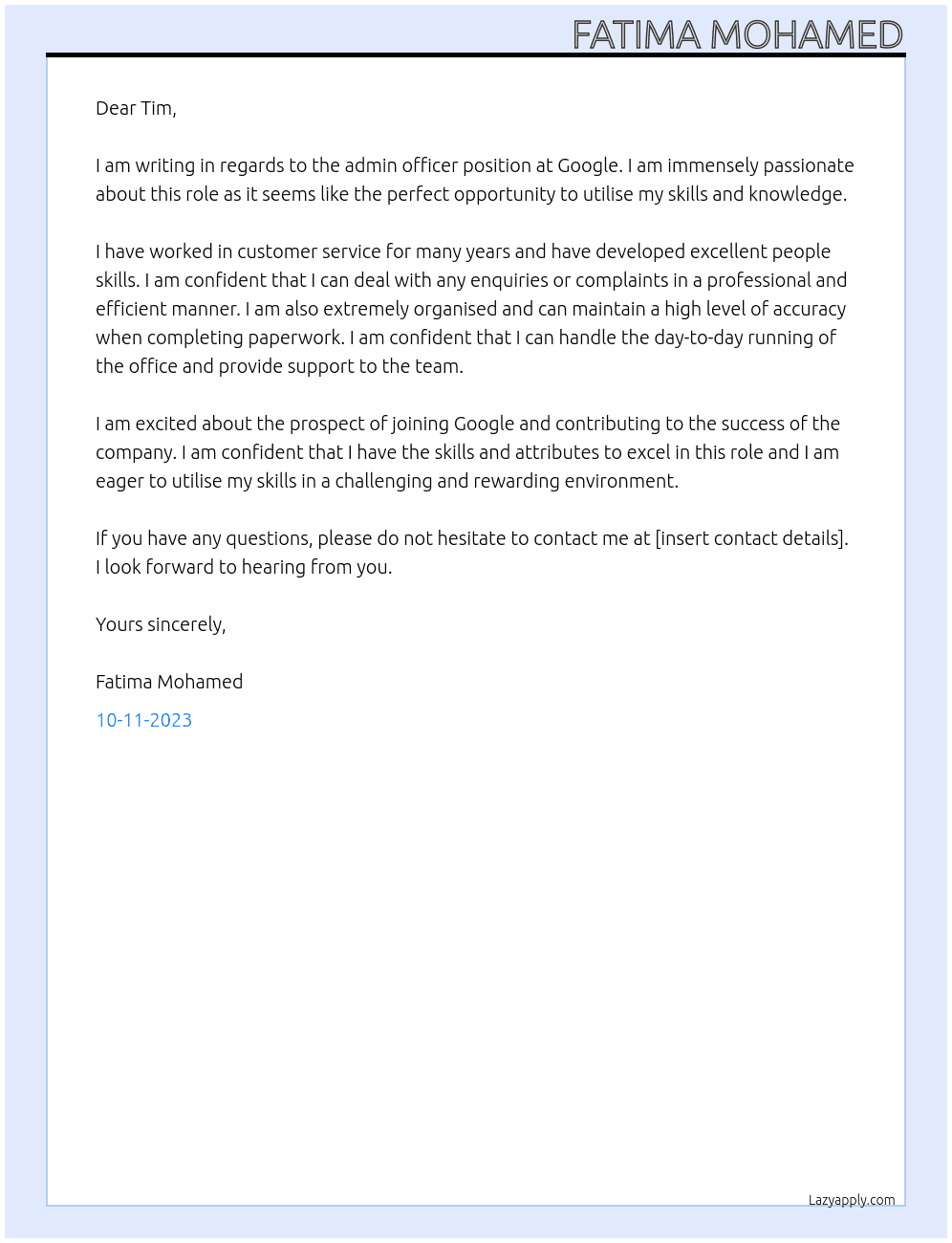 admin officer At google Cover Letter