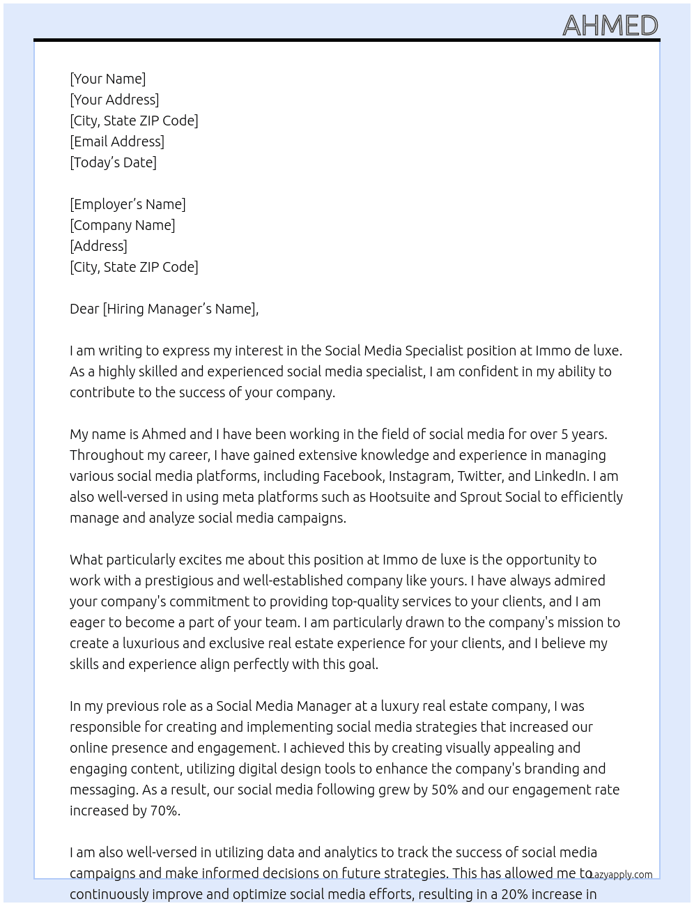 Sociall Media Specialist At Immo de luxe Cover Letter