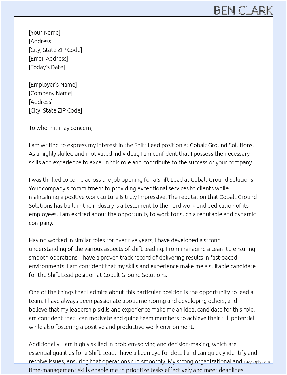 Shift lead At Cobalt Ground solutions  Cover Letter