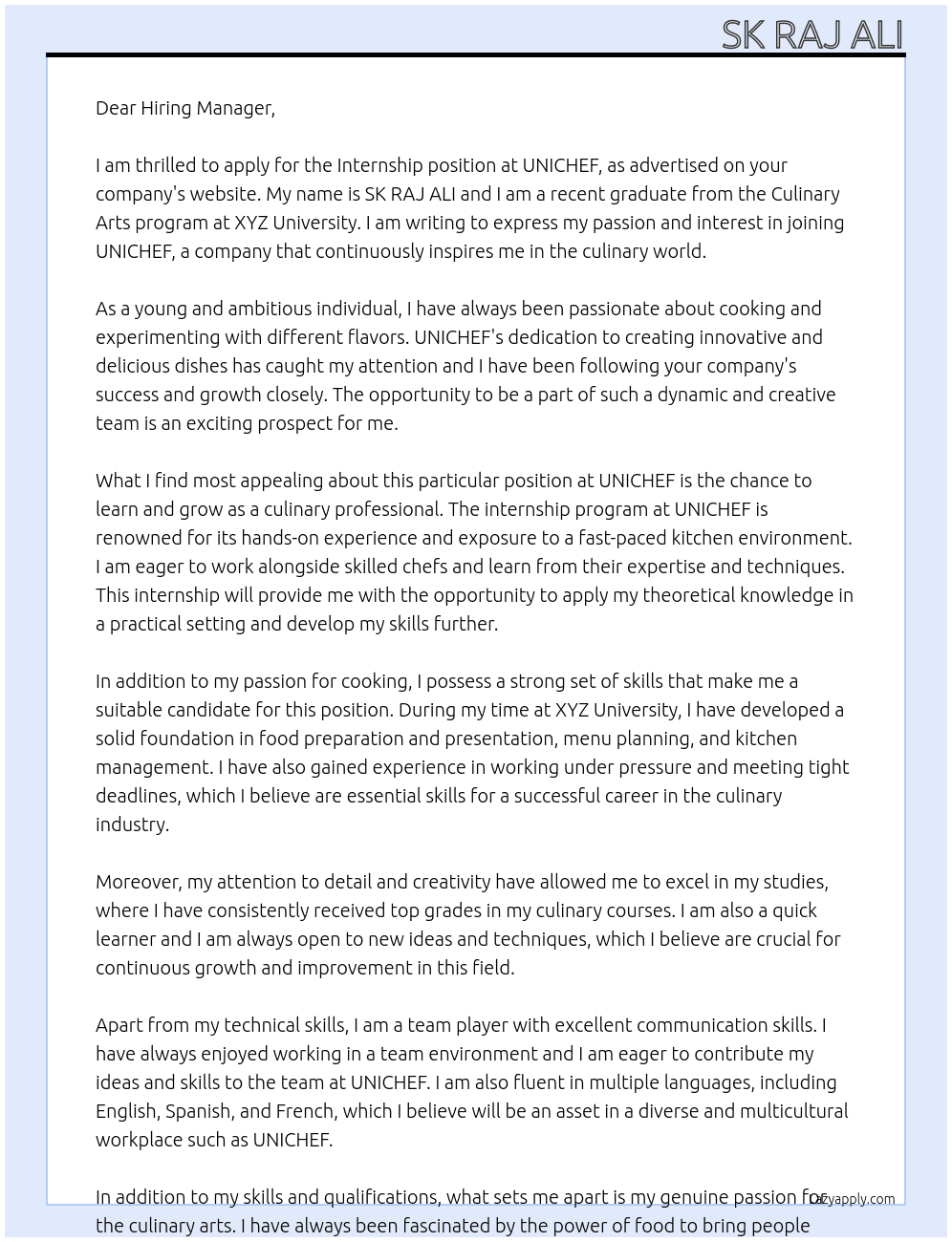 Internship  At UNICHEF Cover Letter