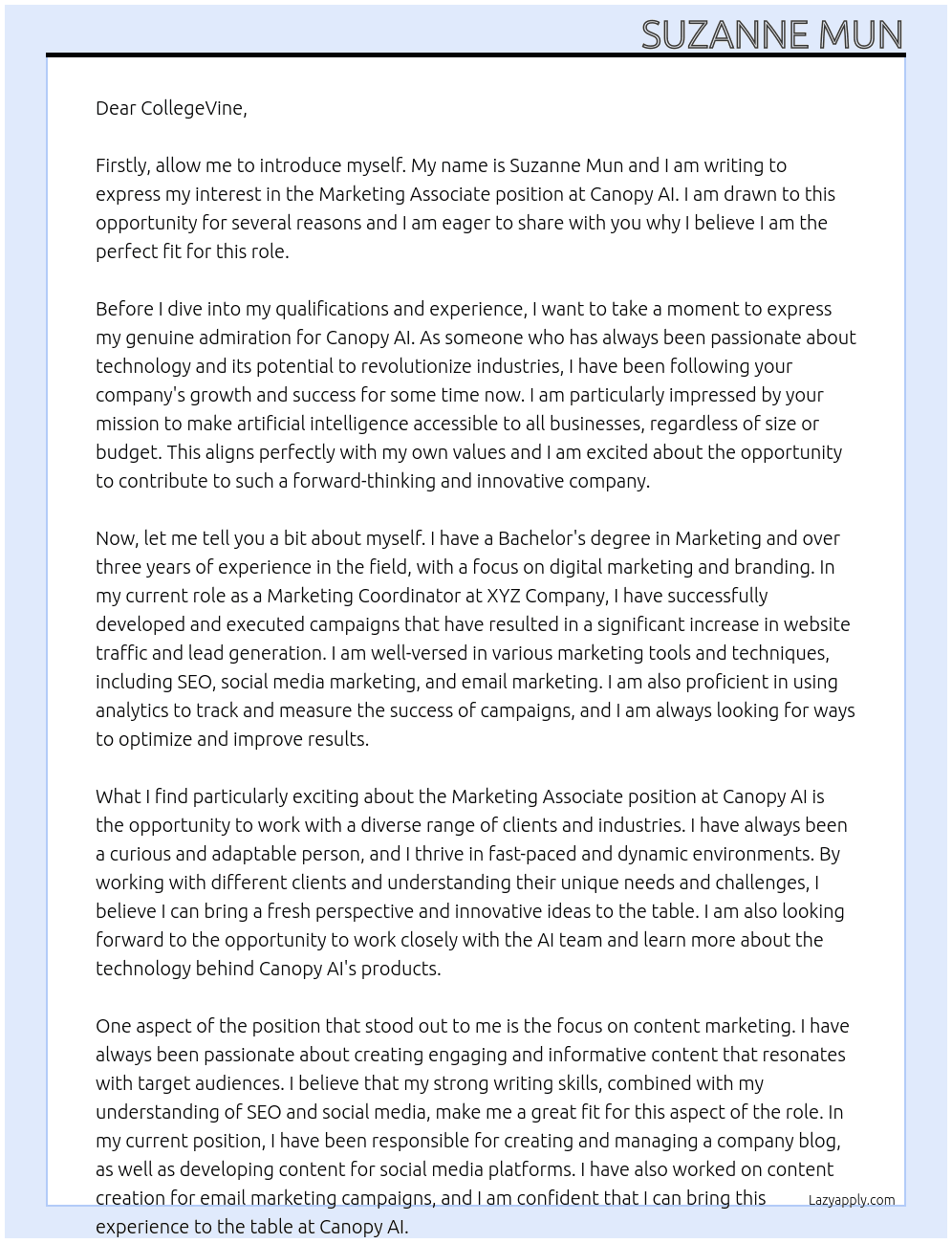 Marketing Associate At Canopy AI Cover Letter