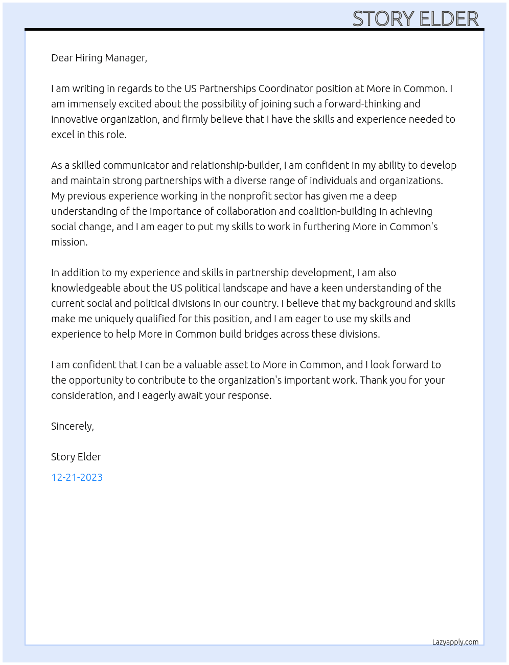US Partnerships Coordinator  At More in Common Cover Letter