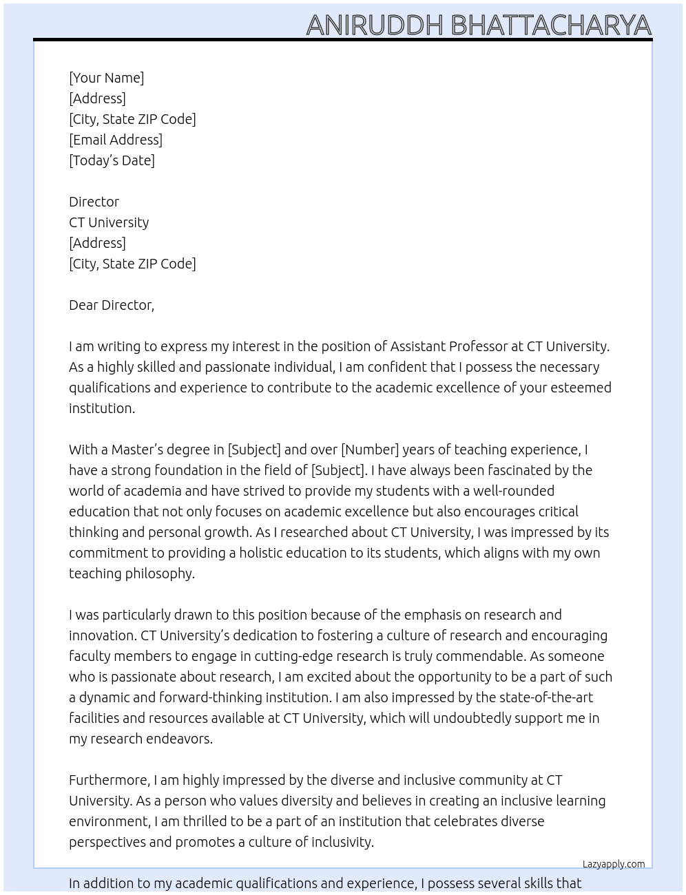 Assistant Professor At CT University Cover Letter