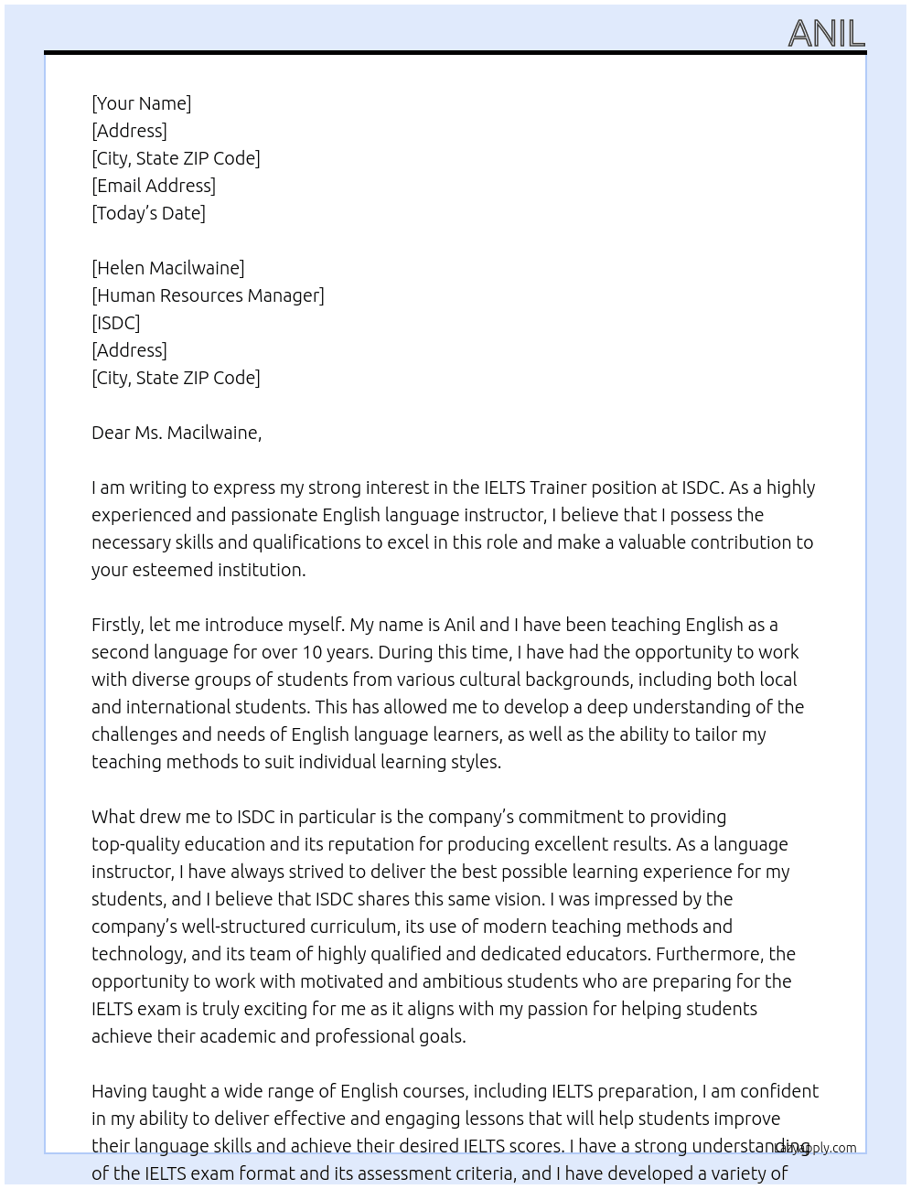 IELTS Trainer At ISDC Cover Letter