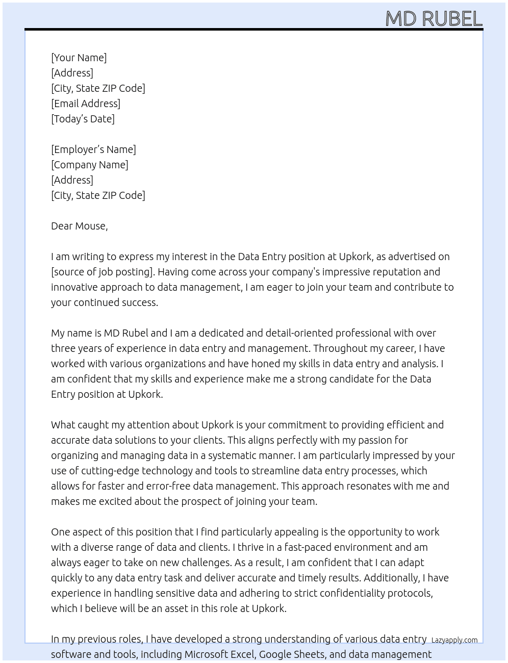 data entry At upkork Cover Letter
