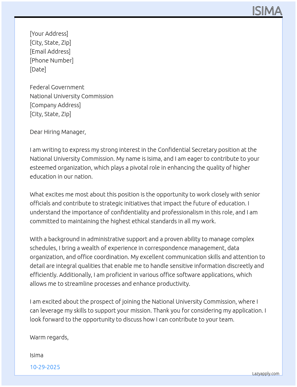 Confidential Secretary  At National university commission  Cover Letter