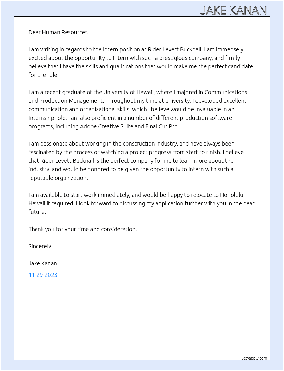 Intern  At Rider Levett Bucknall Cover Letter