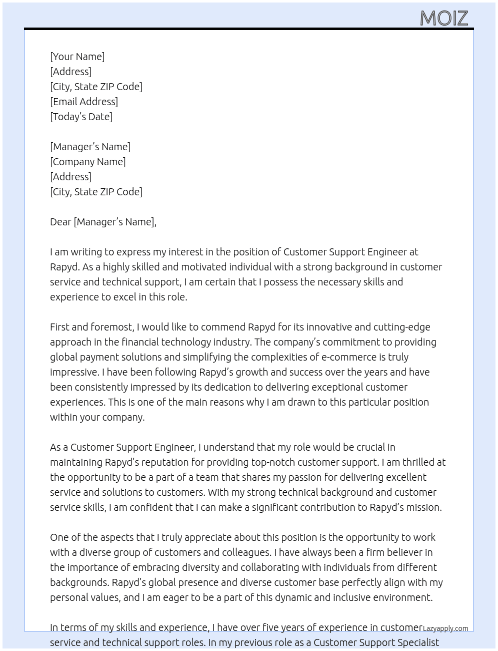 Customer Support Engineer At Rapyd Cover Letter