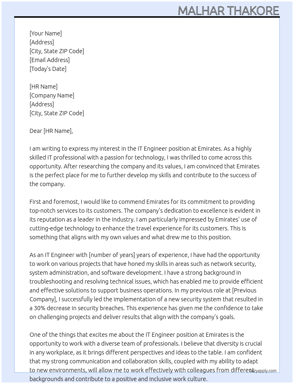 IT Engineer  At Emirates  Cover Letter