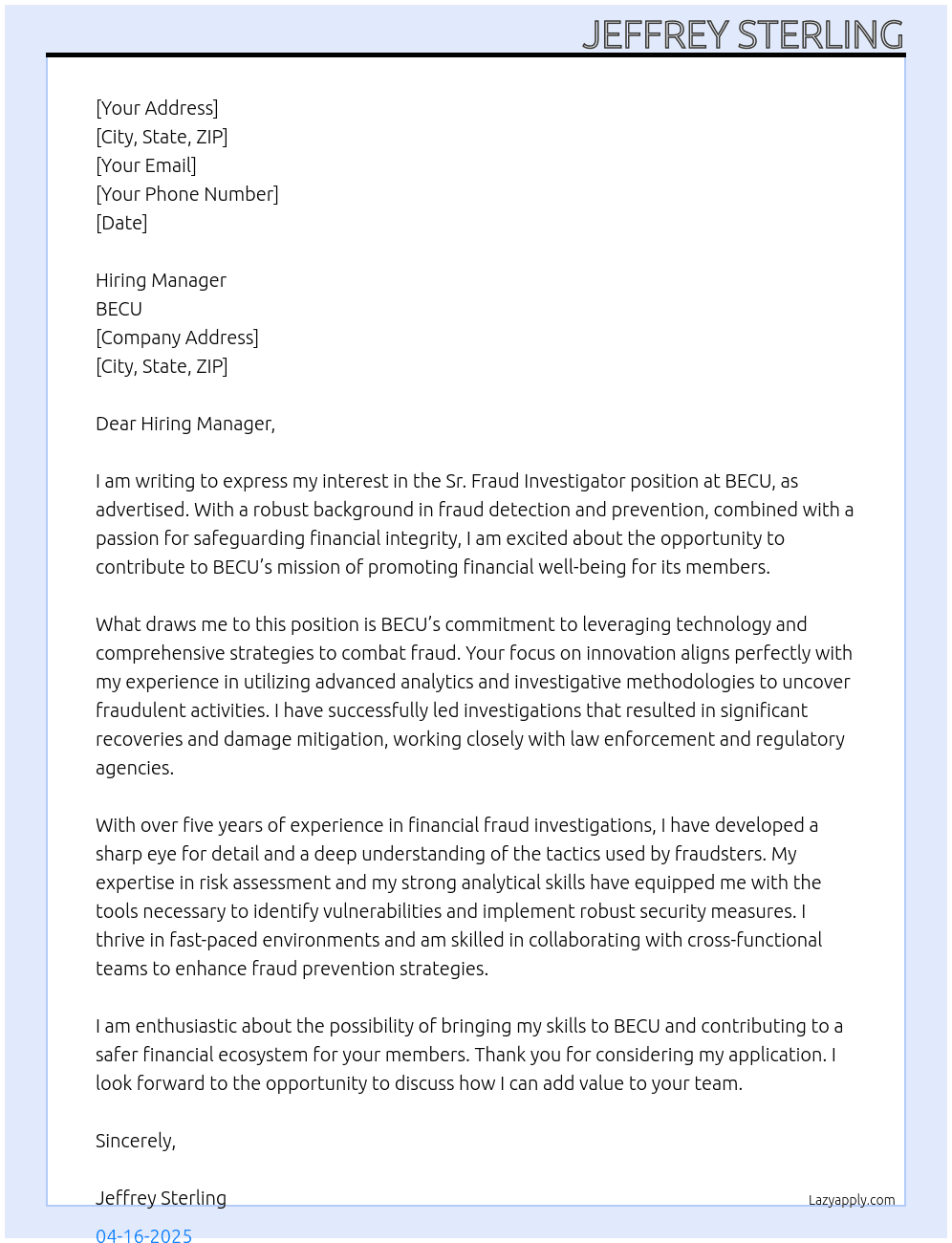 Sr. Fraud Investigator At BECU Cover Letter