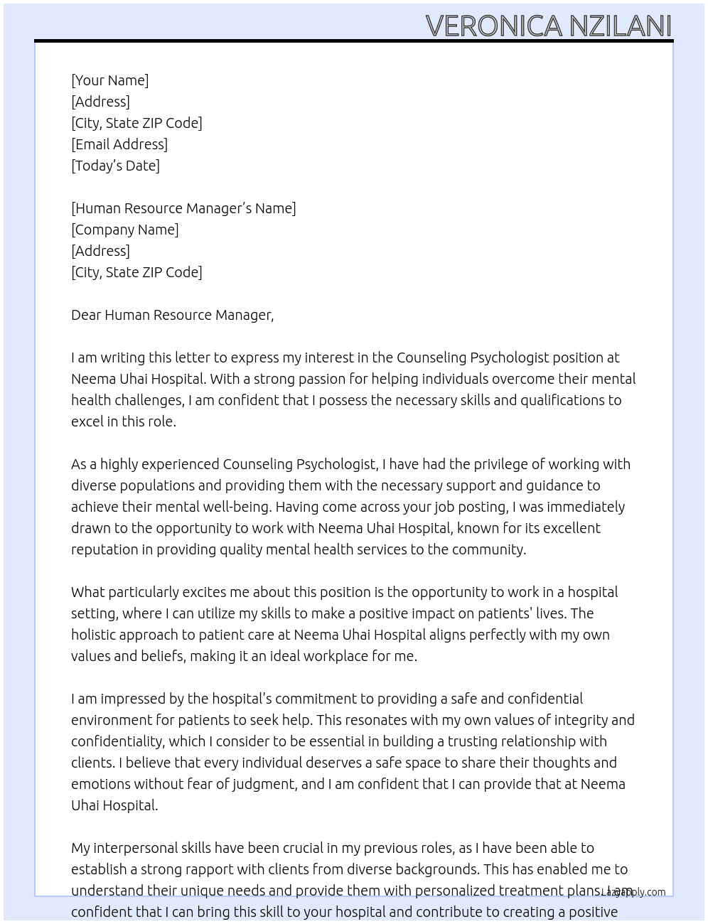 COUNSELING PSYCHOLOGIST At NEEMA UHAI HOSPITAL Cover Letter