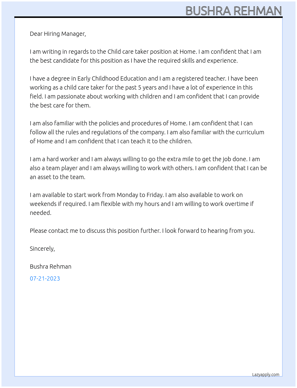Child care taker  At Home Cover Letter