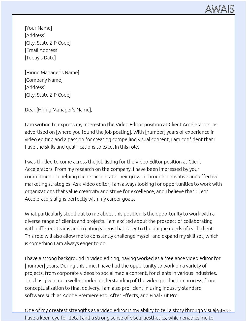 Video Editor At Client Accelerators Cover Letter