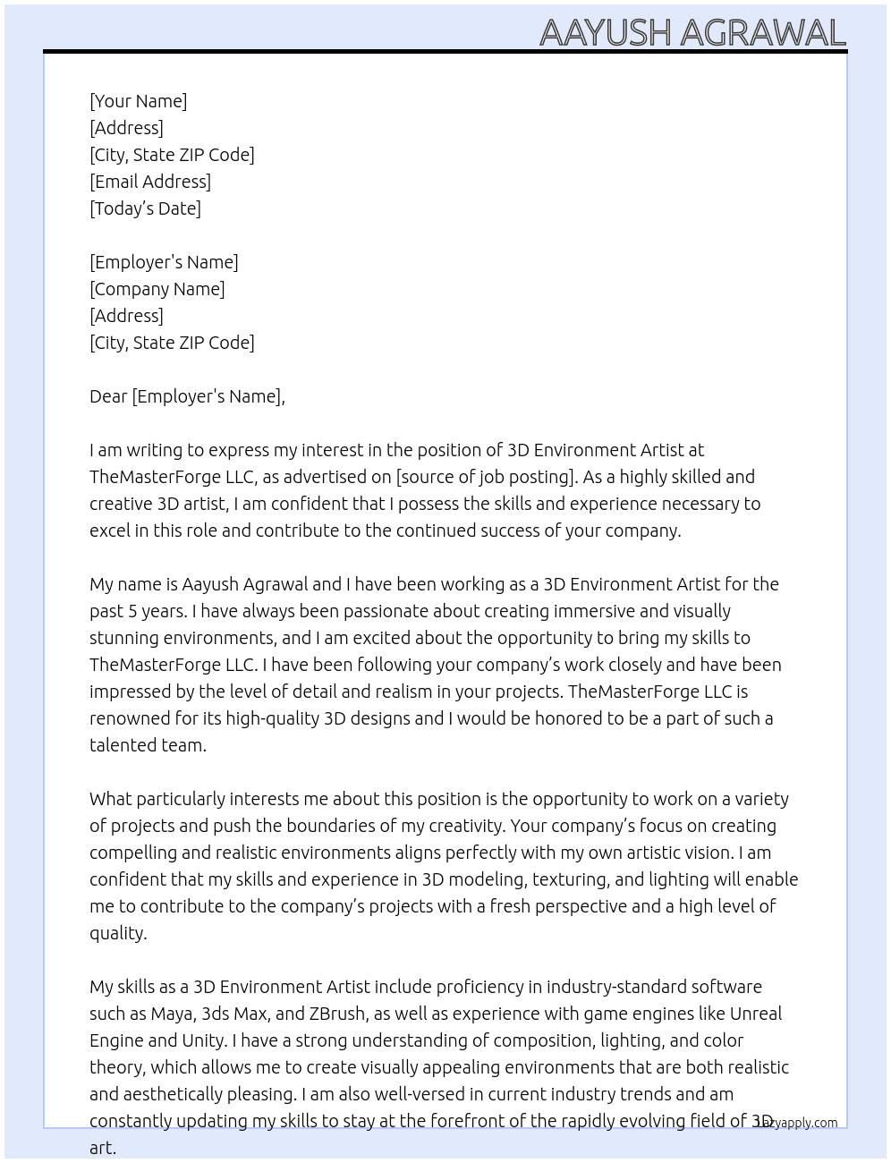 3D Environment Artist At TheMasterForge LLC Cover Letter