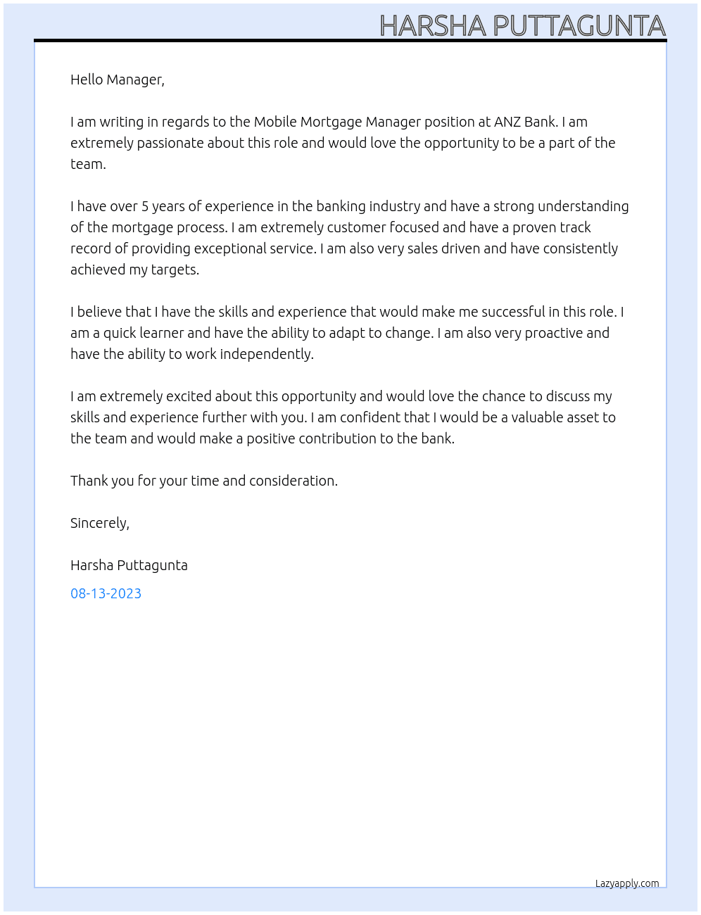 Mobile Mortgage Manager At ANZ Bank Cover Letter