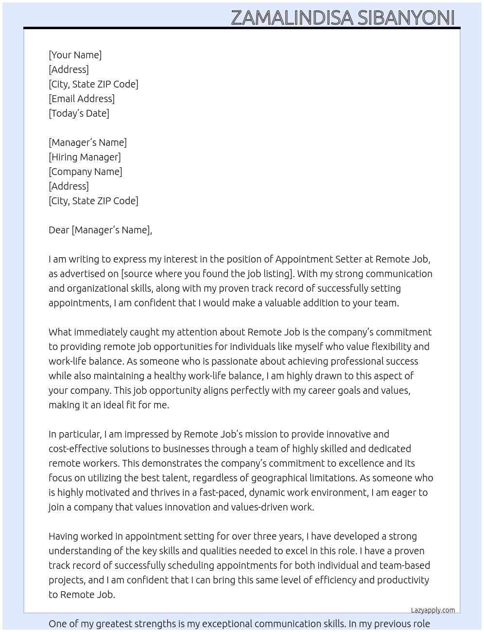 Appointment setter At Remote Job  Cover Letter