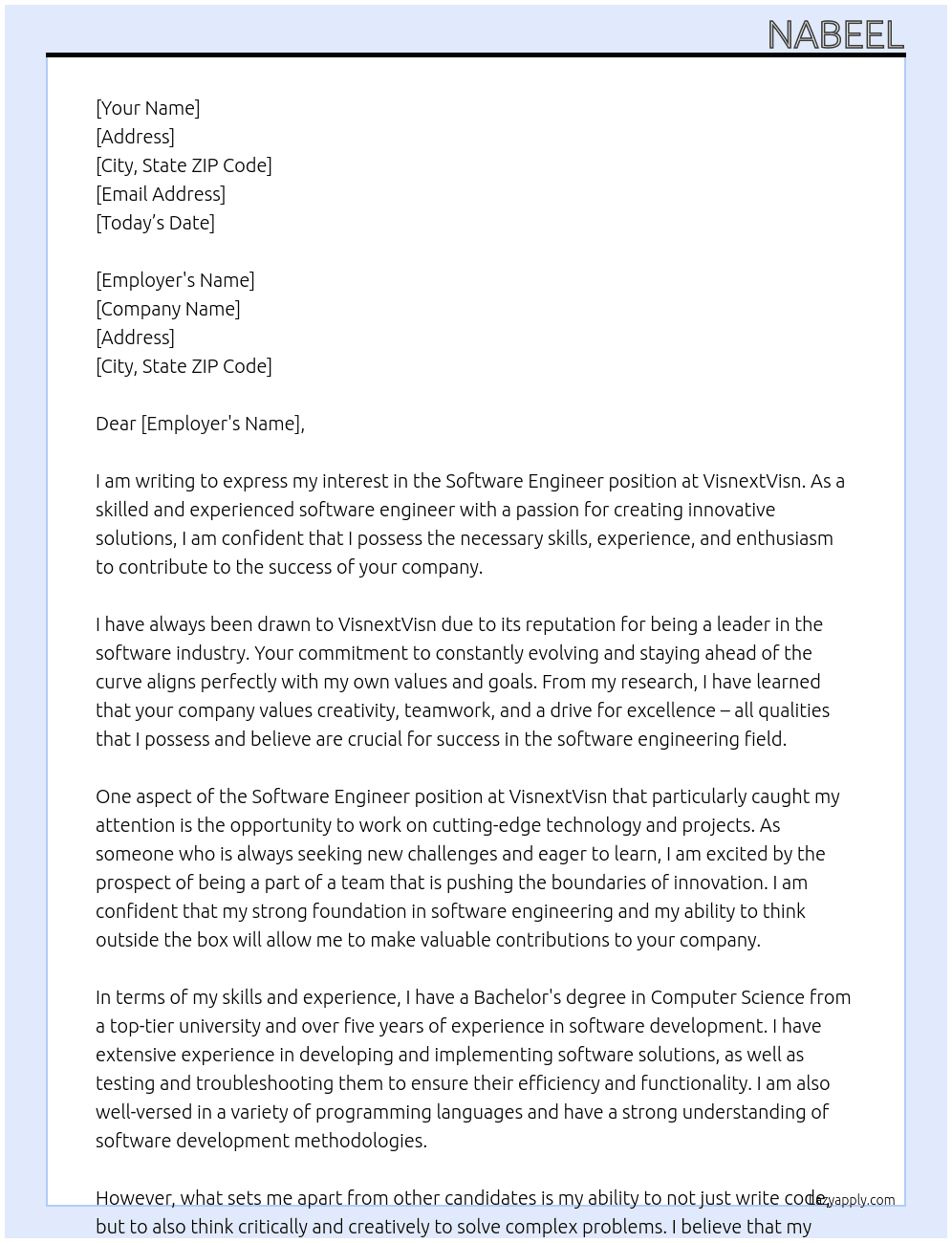 Software engineer At VisnextVisn Cover Letter